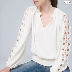 White House Black Market Ivory Blouse with Lace Sleeves